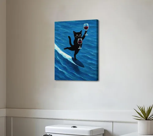 Vista 5 de Divertido arte de pared de gato negro con impresión de lienzo de copa de vino, decoración de carrito de bar, pósteres modernos de animales