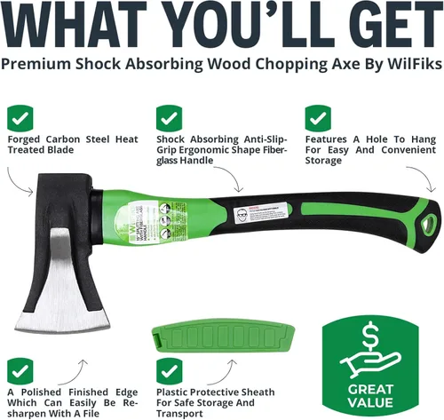 Vista 2 de WilFiks Hacha de división, hacha de campamento de 15 pulgadas para cortar y leñar madera y ramas, herramienta de mano de acero al carbono forjado