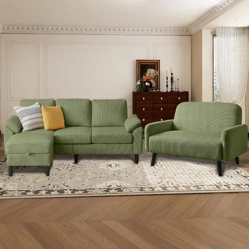 Vista 11 de Juego de sofá seccional de corduroy con otomano de almacenamiento y sofá cama, sofá en forma de L de 3 plazas con otomano de almacenamiento oculto