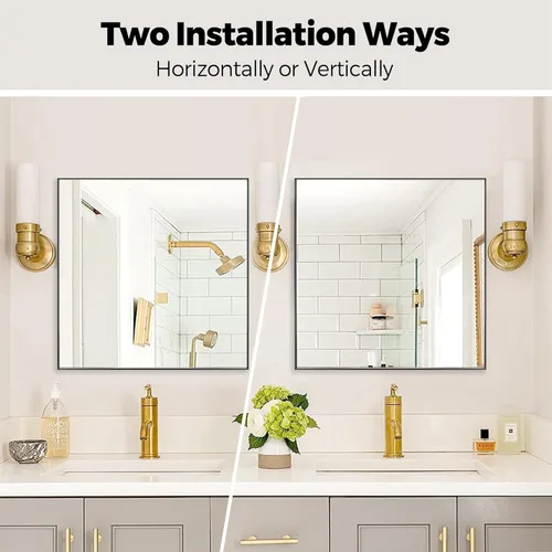 Vista 5 de 24x24 Inch Black Bathroom Mirror for Wall, Aluminum Frame Rectangle Rectangular Vanity Mirror, Modern Large for Bedroom, Living Room, Horizontal or