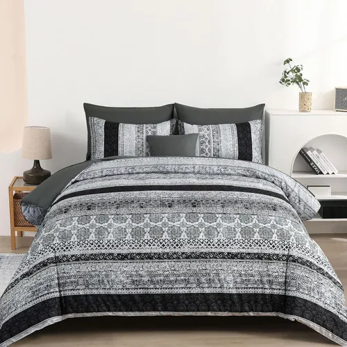 Vista 33 de Cottolester - Juego de edredón bohemio de tamaño matrimonial, 8 piezas, ropa de cama de microfibra suave en una bolsa, rayada y de color aguamarina