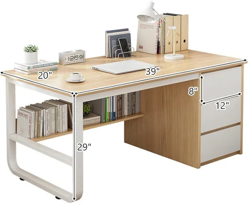 Vista 5 de Escritorio para computadora con estantería y 3 cajones, escritorio de estudio, escritorio de estudio para estudiantes, mesa de estudio moderna