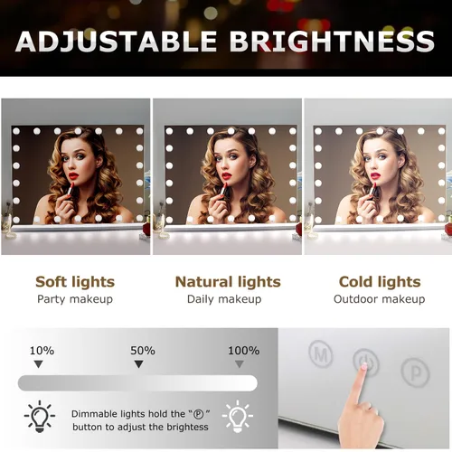 Vista 3 de Espejo de tocador de maquillaje con luces, 10 x grandes con 22 bombillas LED regulables, 3 modos de color, control táctil para dormitorio, mesa