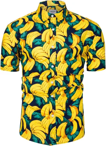 TUNEVUSE - Camisa de manga corta para hombre con botones, diseño floral, camisa hawaiana de playa de verano de algodón Estampado de plátano.