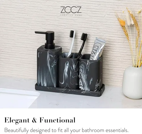 Vista 2 de ZCCZ Juego de accesorios de baño, 4 piezas con dispensador de jabón, soporte para cepillo de dientes, vaso y jabonera para decoración moderna