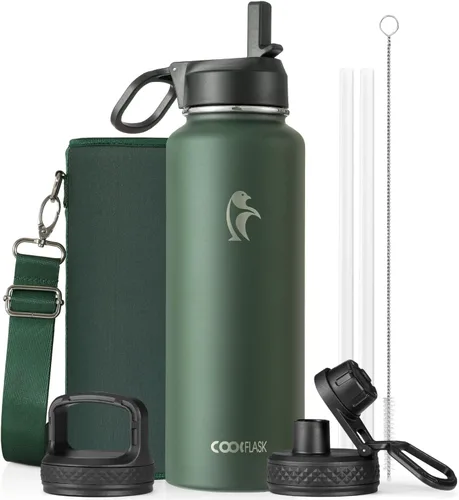 Vista 97 de Coolflask Botella de agua de 24 onzas aislada con pajilla, 3 tapas de metal de acero inoxidable, botella de agua de boca ancha para deportes u