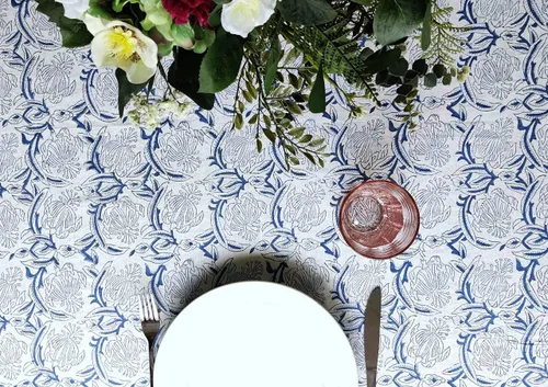 Vista 4 de ATOSII - Mantel 'Santorini' 100% algodón, mantel de lino estampado a mano para cocina, mesa de comedor, mesa, fiestas, boda, primaveraverano