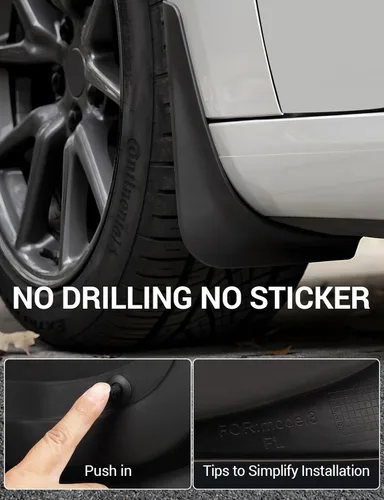 Vista 5 de BASENOR 2017-2023 Tesla Model 3 solapas de barro protectores contra salpicaduras guardabarros (diseño patentado) sin perforación sin cinta