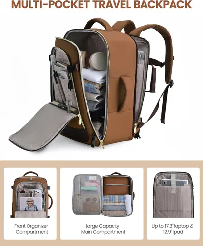 Vista 4 de LOVEVOOK - Mochila de viaje para mujer, mochila de 40 l para llevar en avión, Beige-Marrón