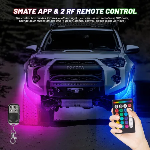 Vista 4 de 10 cápsulas de luz RGB para camión, multicolor, neón, luces de roca RGB impermeables con control de aplicación/RF para automóvil, Jeep, todoterreno