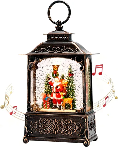 Vista 12 de Globo de nieve de aldea de Navidad, escena de Papá Noel volador iluminado, linterna musical de agua de nieve, linterna de Navidad con remolino