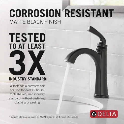 Vista 2 de Delta Geist - Grifo de baño negro mate de un solo agujero, grifo de lavabo de baño para mueble, conjunto de desagüe con botón de expulsión, negro