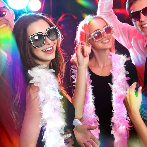 Vista 4 de 2 Pack LED Feather Boa Includes 2 Pcs Feather Boa 2 Pieces 20 LED String Lights and 2 Square Rhinestone Sunglasses for Party Wedding Dancing Costume