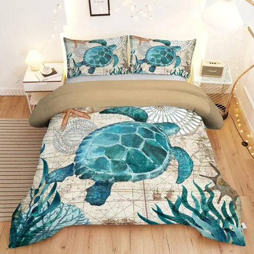Vista 5 de MUSOLEI Juego de edredón con diseño de tortuga marina, juego de ropa de cama con temática de tortuga marina, colecciones de ropa de cama suave