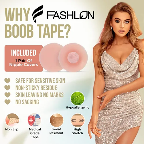 Vista 2 de FASHLON Cinta adhesiva (2 rollos, segura para pieles sensibles, se adapta a copas A-DD), cinta de pecho para senos grandes, cinta corporal para senos