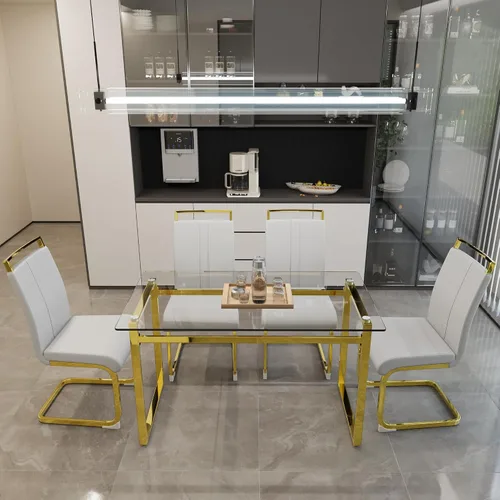 Vista 3 de Juego de mesa de comedor de cristal para 4, juego de mesa de comedor rectangular moderno para 4, juego de mesa de cocina de 5 piezas, juego de mesa