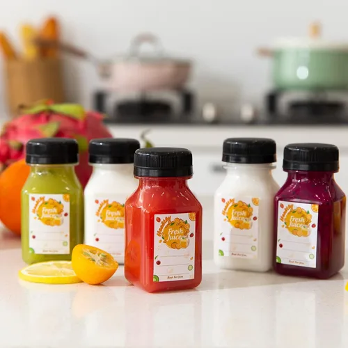 Vista 5 de TOMNK 45 botellas de jugo con tapas, recipientes de plástico de 4 onzas con tapas, botellas vacías reutilizables de jengibre transparente