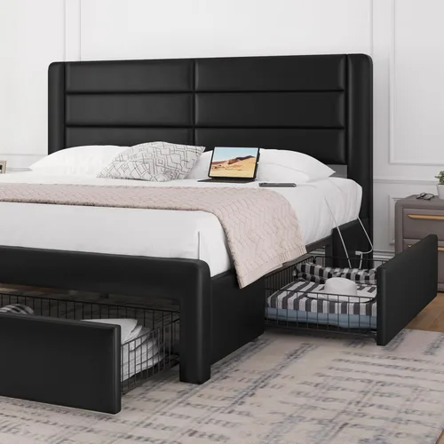 Vista 3 de Yaheetech Base de cama tamaño King con 2 estaciones de carga USB/puerto para cajones de almacenamiento tipo A y tipo C/4, plataforma tapizada