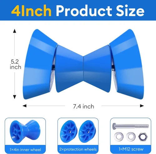 Vista 2 de Tope de arco de 4 pulgadas para remolque de barco con tope de arco de eje de 1/2 pulgadas para remolques de barcos, rodillo de goma de arco azul