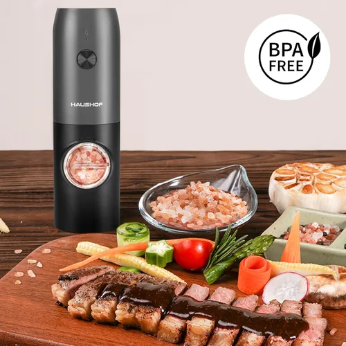 Vista 8 de HAUSHOF Juego de 2 piezas de molinillo eléctrico de sal y pimienta, molinillo de pimienta automático recargable por USB y molinillo de sal