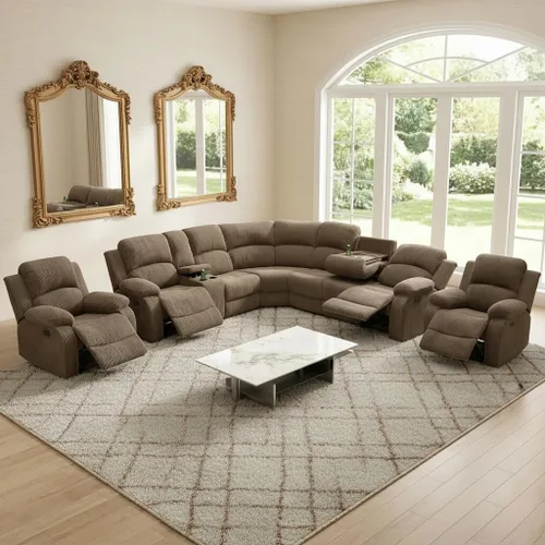 Vista 18 de Juego de sofá seccional reclinable manual, juegos de muebles de sala de estar de cuero regenerado en forma de L, sofá de esquina seccional