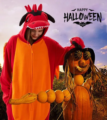 Vista 4 de Focupaja Pijama de dragón para adultos, disfraz de Halloween, ropa de dormir de una pieza