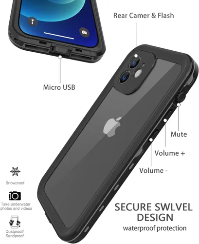 Vista 3 de Funda impermeable diseñada para iPhone 12 Mini, funda de cuerpo completo a prueba de golpes con protector de pantalla, a prueba de polvo para iPhone