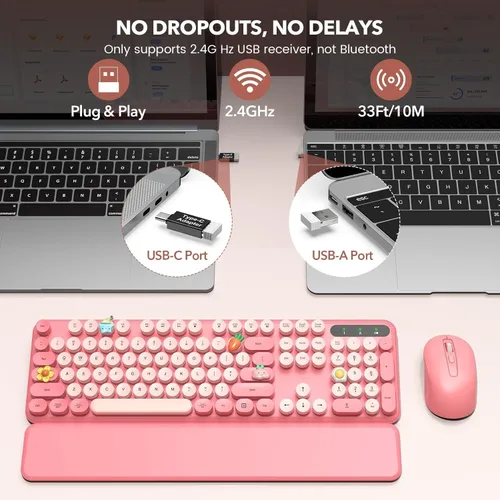 Vista 6 de Combo de teclado y mouse inalámbricos, teclado retro con teclas redondas, teclado estilo máquina de escribir de tamaño completo con reposamuñecas