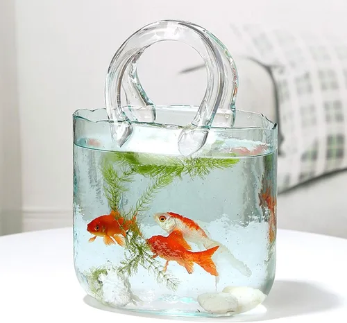 Vista 2 de Jarrón de vidrio para flores, florero de bolsa de vidrio transparente, bolso único de flores, jarrón de peces con asas, jarrón transparente de boca
