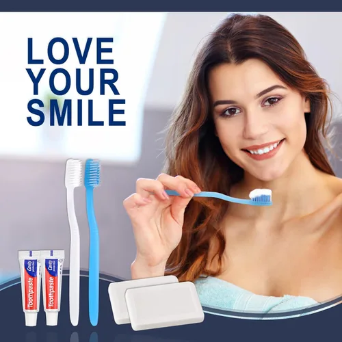 Vista 3 de Paquete de 30 cepillos de dientes desechables con pasta de dientes y jabón envueltos individualmente, 2 colores, barra de jabón de 0.5 onzas