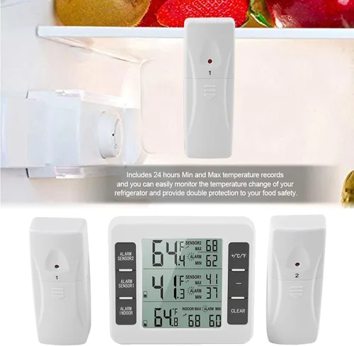 Vista 4 de Termómetro digital para refrigerador, paquete de 2 unidades, alarma LCD inalámbrica, termómetro para nevera, congelador, termómetro para el hogar