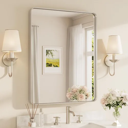 Vista 51 de TETOTE Espejo de marco dorado cepillado de 16 x 24 pulgadas, espejo de tocador de baño de latón dorado para pared, espejo enmarcado rectangular