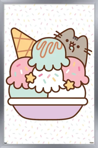 Trends International Pusheen - Póster de pared de helado, 22.4 pulgadas de largo x 14.7 pulgadas, versión enmarcada en plata Versión con marco