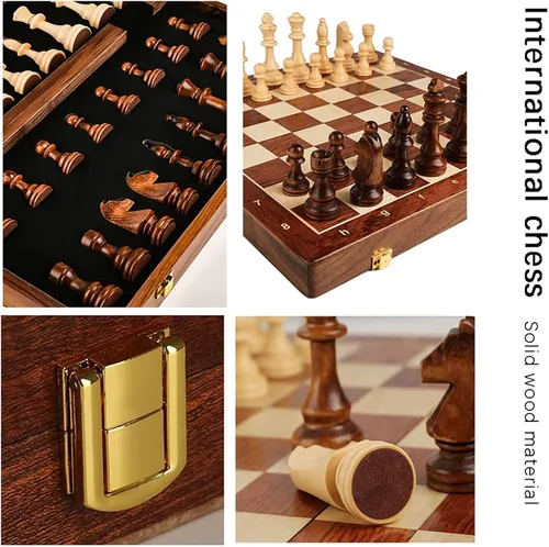 Vista 4 de Juego de ajedrez de 15 x 15 pulgadas, juego de ajedrez de madera de nogal con incrustaciones con tablero de ajedrez plegable, piezas de ajedrez