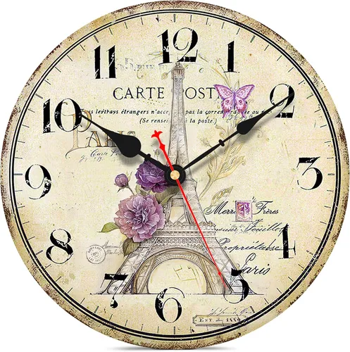 VIKMARI Reloj de pared con pilas floral redondo vintage francés silencioso Torre Eiffel