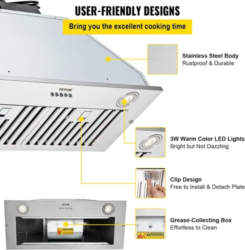 Vista 6 de VEVOR Campana de Ventilación Integrada, 800CFM 3-Velocidades, Campana de Cocina Integrada de Acero Inoxidable de 27 Pulgadas con Control de Botón
