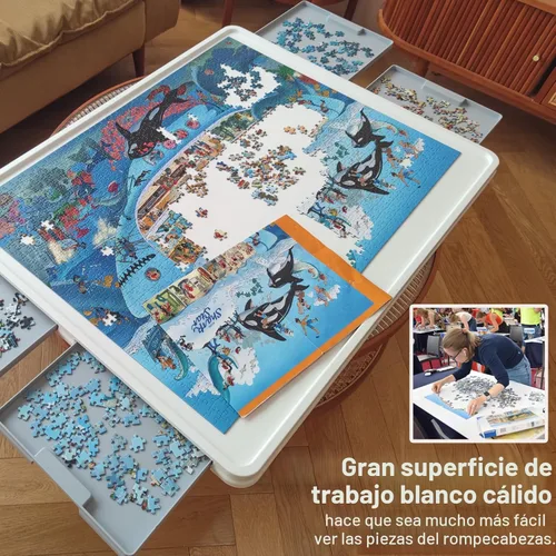 Vista 4 de Playboda - Tabla de rompecabezas giratoria de plástico de 1500 piezas con cajones y cubierta, mesa portátil de rompecabezas de 35 x 27 pulgadas