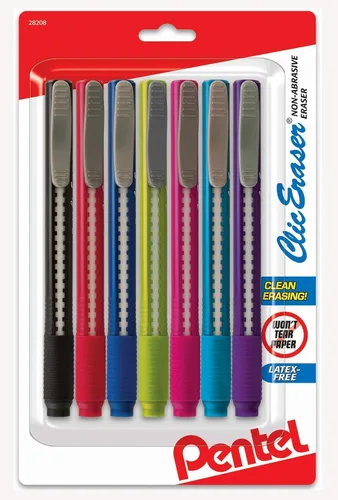 Pentel Clic Borrador retráctil, borradores de agarre estilo bolígrafo de colores surtidos, paquete de 7
