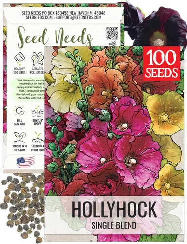 Vista 11 de Seed Needs, Semillas mixtas de Hollyhock Carnival - Semillas tradicionales para plantar Alcea rosea - Flor silvestre bienal que atrae a