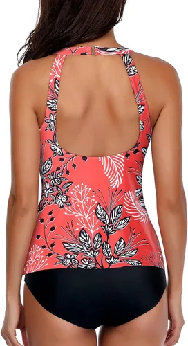 Vista 3 de Holipick - Traje de baño estilo tankini de dos piezas para mujer, con control de abdomen, camiseta sin mangas con cuello alto estilo halter