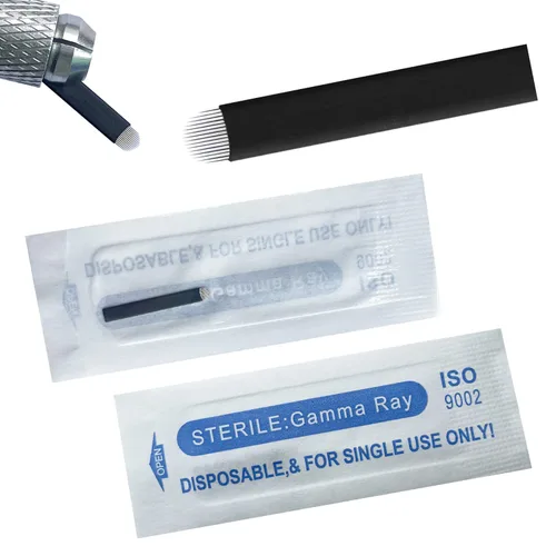 Vista 9 de Agujas de microblading de 0.007 in, agujas desechables de tatuaje de cejas para máquina de maquillaje permanente Manual de suministros (Negro S9)