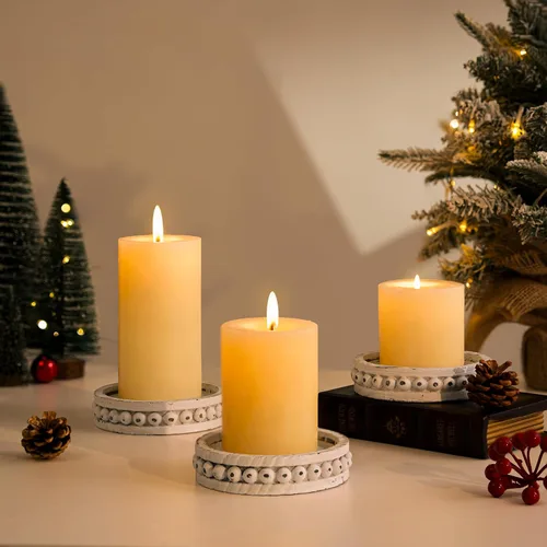 Vista 4 de Hanobe Portavelas para velas de pilar: juego de 3 portavelas de madera rústica de granja, soporte de vela encalado para centros de mesa, chimenea