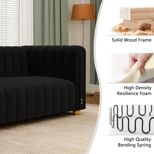 Vista 5 de Sofá de terciopelo de 3 plazas de 81 pulgadas, color negro dorado, moderno de mediados de siglo con patas de metal dorado, cómodos sofás para sala