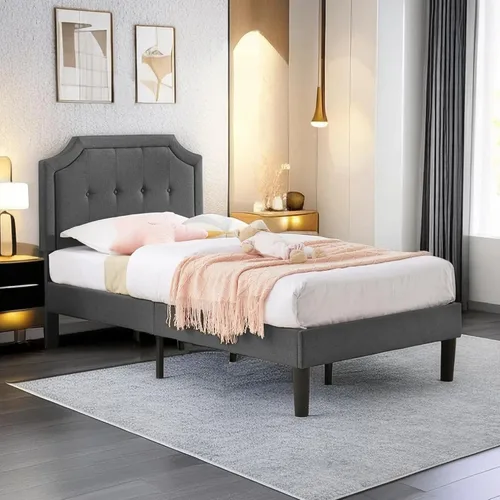 Vista 5 de VECELO Base de cama tapizada con cabecera ajustable, soporte de listones de madera, no necesita somier, estilo moderno, tamaño individual