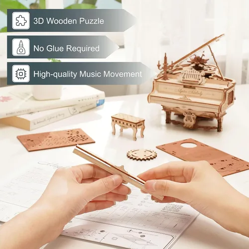 Vista 8 de ROKR Rompecabezas de madera 3D para adultos, 223 piezas, kit de modelo de piano a escala 1:20, rompecabezas de construcción, caja de música