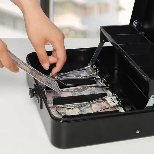 Vista 7 de Jssmst - Caja de efectivo de metal grande con bandeja de dinero,Caja de bloqueo