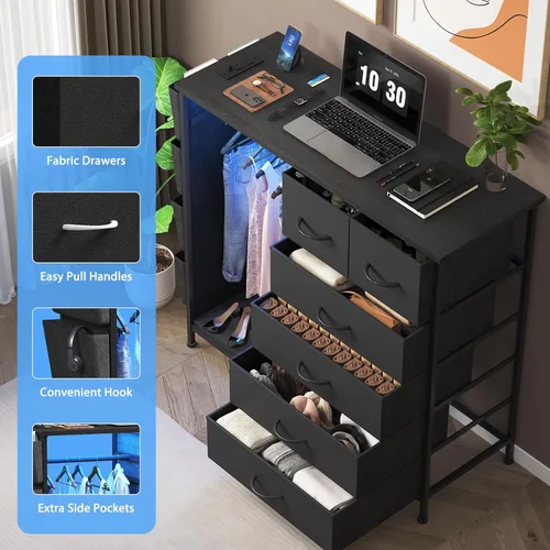 Vista 7 de Cómoda de 6 cajones para dormitorio con perchero para ropa, cómoda para ropa con bolsillos laterales y ganchos, estación de carga y luces LED, parte