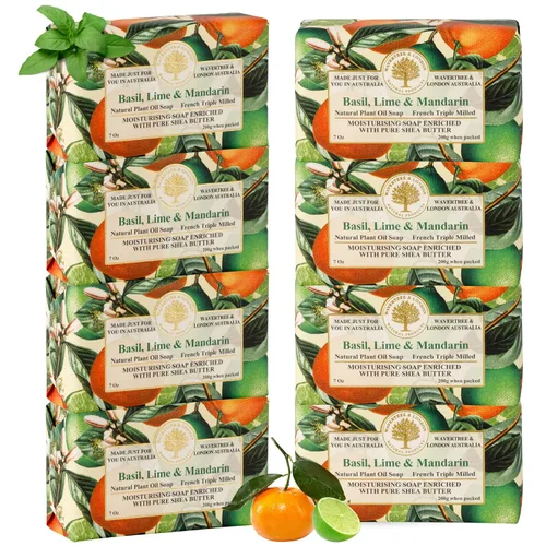 Wavertree & London Jabón natural perfumado de albahaca, lima y mandarina (8 barras), barras de jabón hidratantes francesas de triple molido,