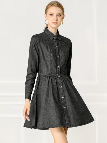 Vista 3 de Allegra K Vestido de mezclilla para mujer, vestido camisero acampanado plisado con cinturón y botones