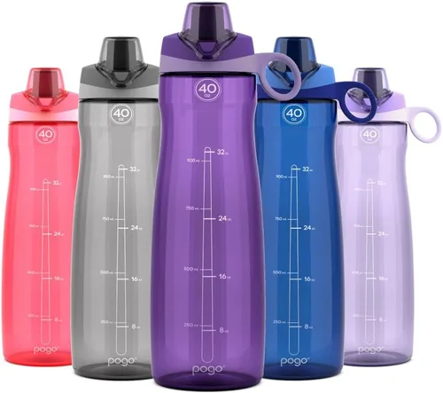 Vista 18 de Pogo Plastic Water Bottle with Chug Lid and Carry Handle, Reusable, BPA Free, Dishwasher Safe, Perfect for Travel, School, Outdoors, and Gym 18oz